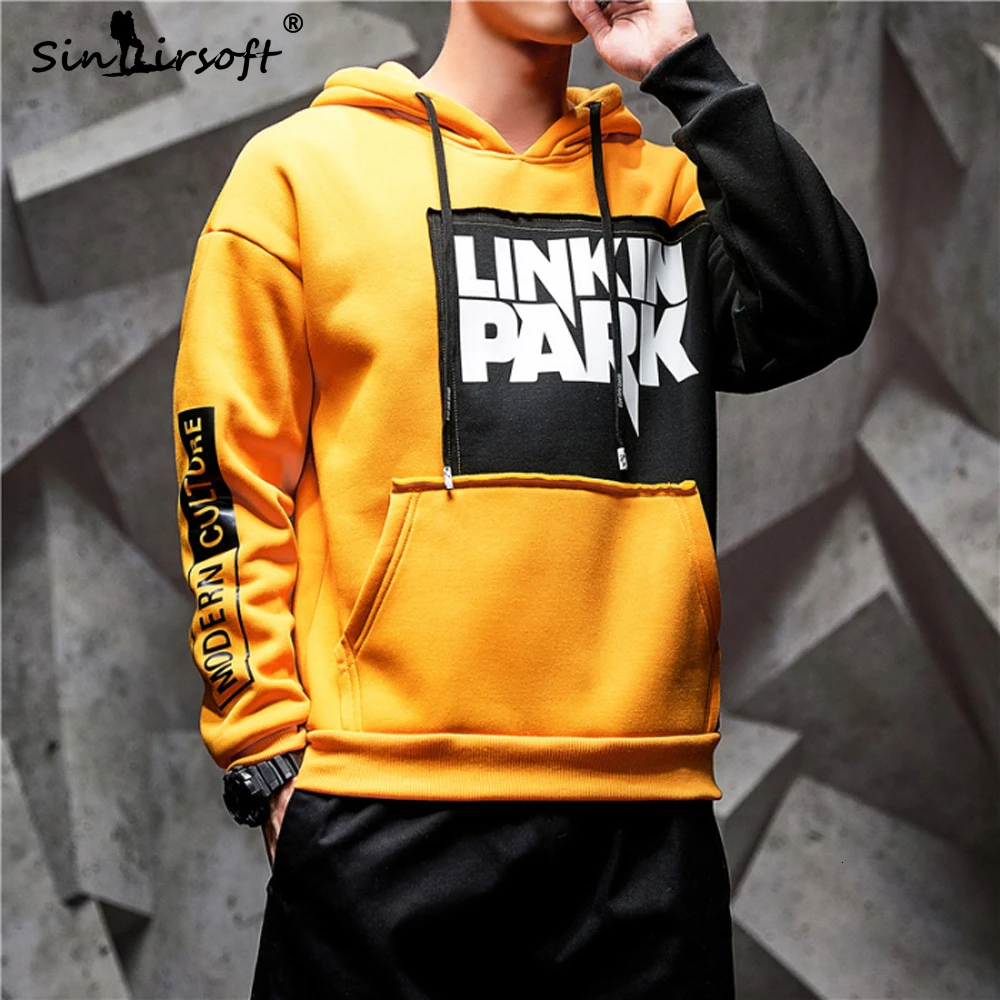 Мужская толстовка Linkin Park с капюшоном и буквенным принтом в стиле пэчворк, Мужская облегающая уличная одежда, модные длинные толстовки, одежда - Цвет: Yellow and black