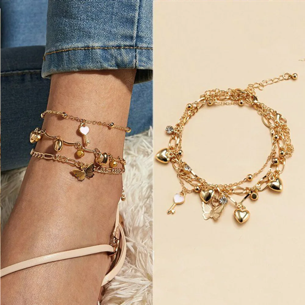 

Multi-layer Love Butterfly Pendant Bracelet on The Leg Fashion Rhinestone Alloy Anklets for Women Jewelry Beach Accessories
