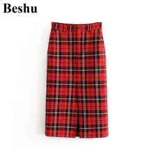 Za, модная клетчатая юбка, женская, красная, с разрезом, элегантная, средней длины, длинная, прямая, в английском стиле, с высокой талией, с поясом, Vestido Mujer
