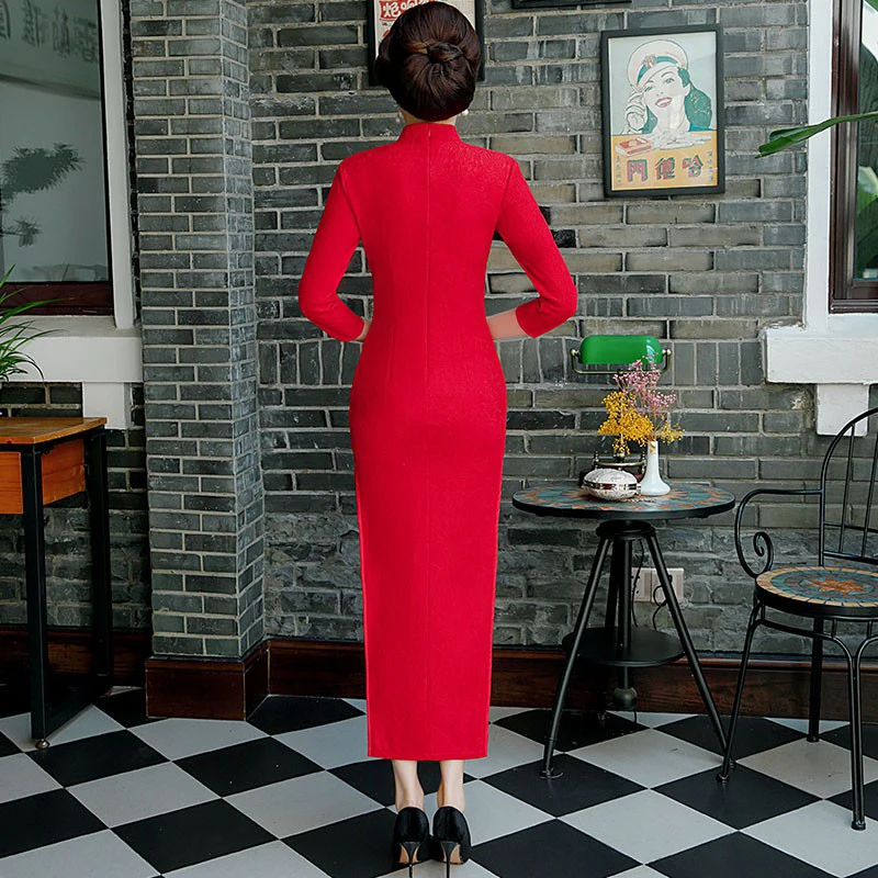 Красное сексуальное женское, на шнуровке Длинные Cheongsam в традиционном китайском стиле, платье с рукавом три четверти Весна Qipao тонкий Платья для вечеринок Vestido