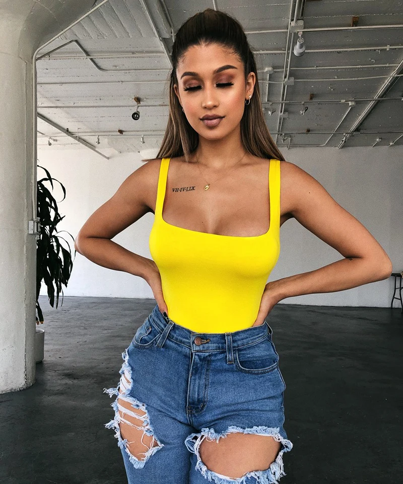 Nadafair Sexy Off Shoulder Bodysuit Women Summer Square Collar Neon Bodysuit Tops Bodycon Rompers Overall For Women