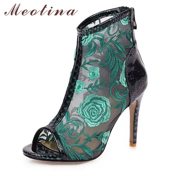 

Meotina Summer Boots Women Shoes Embroider Flower Thin High Heel Short Boots Mesh Cutout Zipper Peep Toe Shoes Ladies Size 33-46