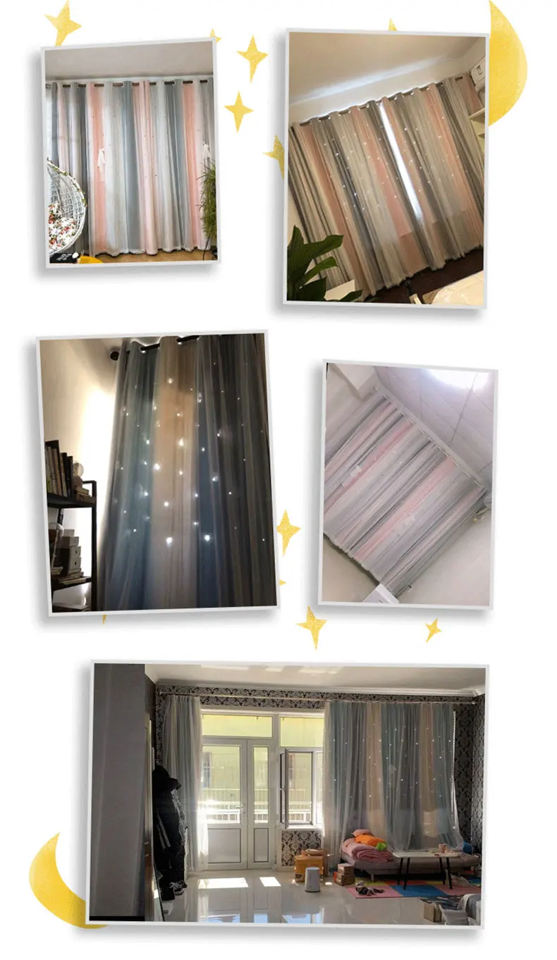 FISH TOWN Romantic Rainbow Color Two Pass Curtain Girl Kids Bedroom Full Blackout Window Drapes Hollow Star Curtain Home Decor