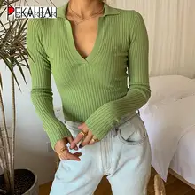 Autumn long sleeve crop top women tops long white green cropped polo shirt streetwear vintage kintted t shirts