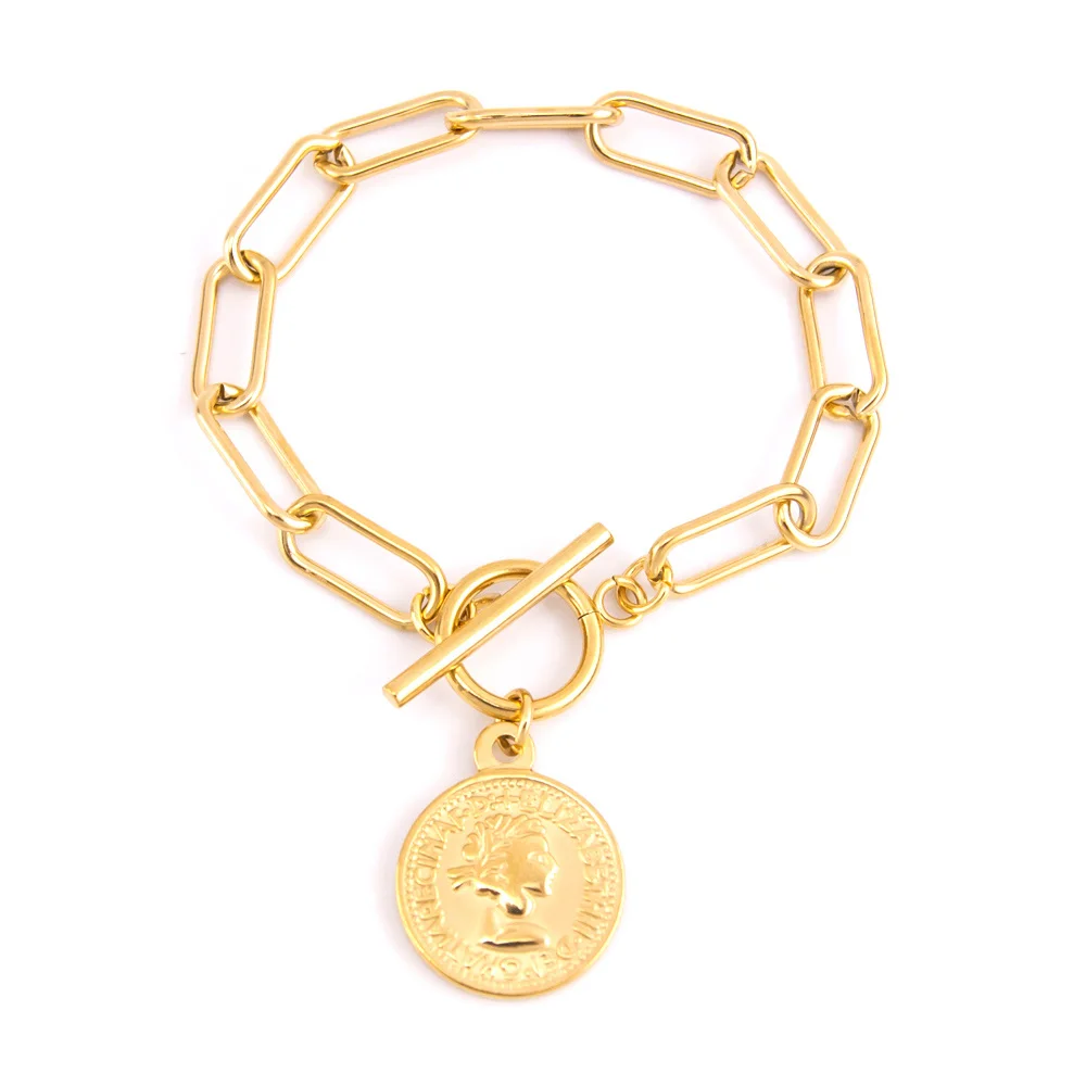 Long O-coin-gold Risul, длинные, с круглым вырезом, монета, браслеты с подвесками для женщин, серебро/золото, цвет, нержавеющая сталь, сделано, браслеты, mujer - Окраска металла: Long O-coin-gold