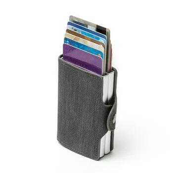 

Bycobecy 2020 New RFID Blocking Card Holder Anti-theft Double Boxes High Quality Card Wallet Denim Fashion Pop-up Metal ID Case