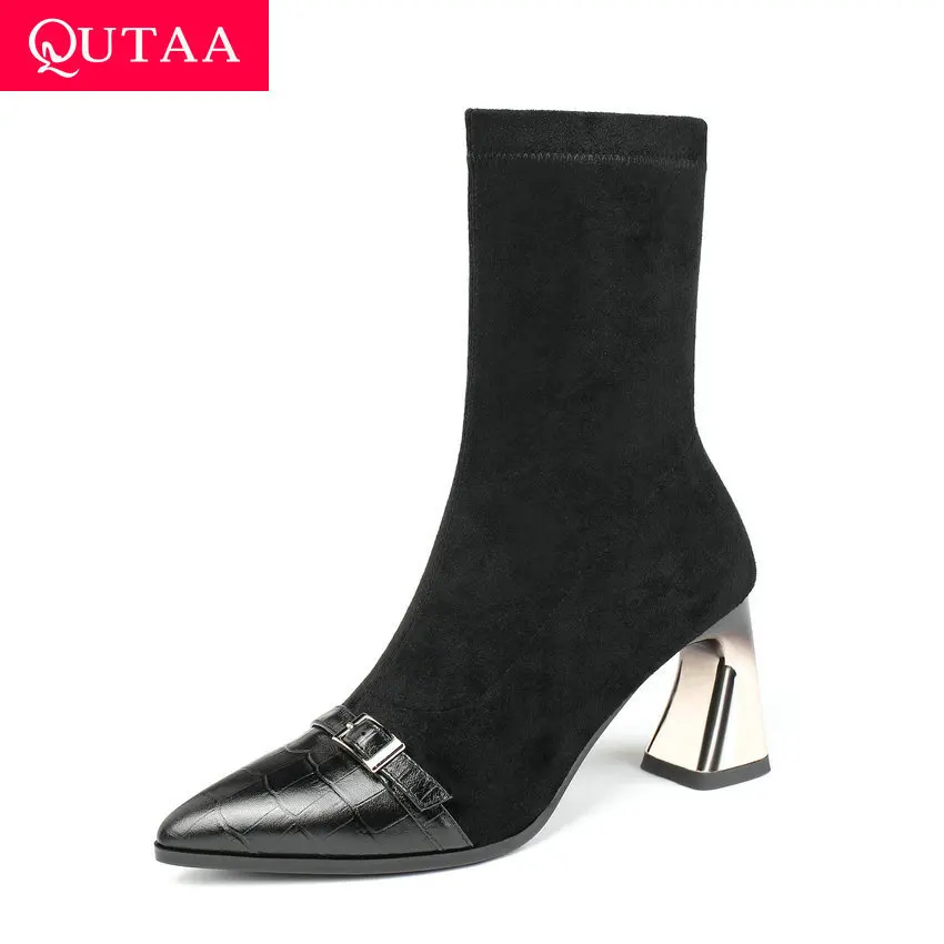 

QUTAA 2020 Patchwork Cow Leather Flock Slip on Elastic Ankle Boots Pointed Toe Hoof Heel Buckle Fashion Women Shoes Size 34-42