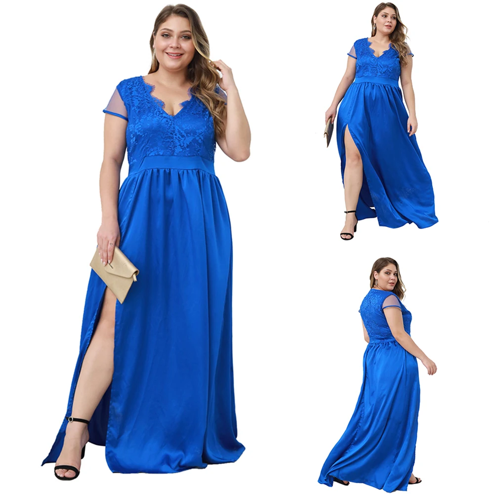 

4XL Plus Size Women Lace Dress High Split Elegant Evening Prom Dress Solid Color V Neck Dress Floor-Length A-Line Dress D30
