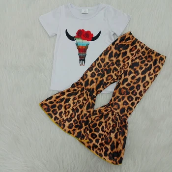 

short sleeve Cow Skull print top match leopard bell bottom pant baby spring clothes kid outfit toddler baby girl clothing outfit