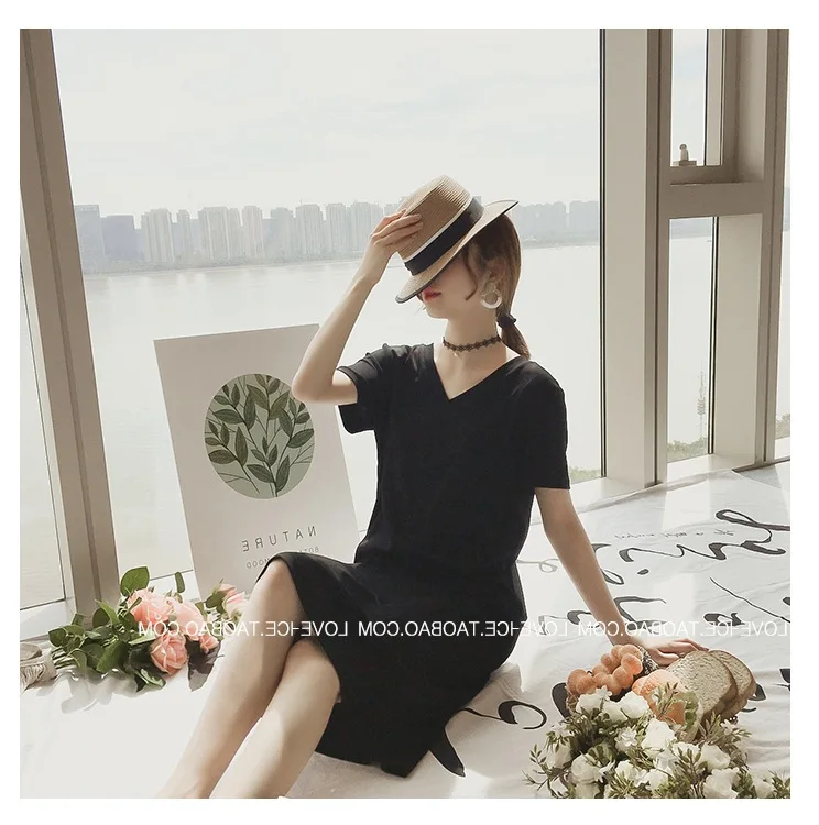 

Korean-style Summer Short-sleeved Blouses Mid-length V-neck Solid Color Skirt Backless Medium-length T-shirt Dress Fashion