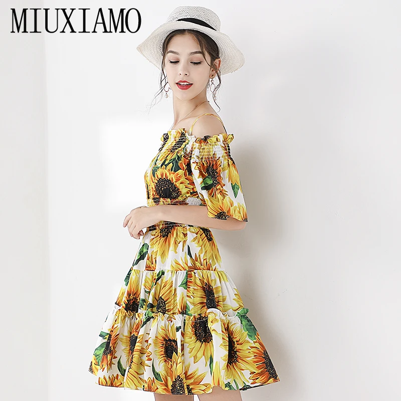 

MIUXIMAO High Quality 2019 Fall Eleghant Dress Newest Fashion Sun Flower Print Knee-length Casual Dress Women Vestidos