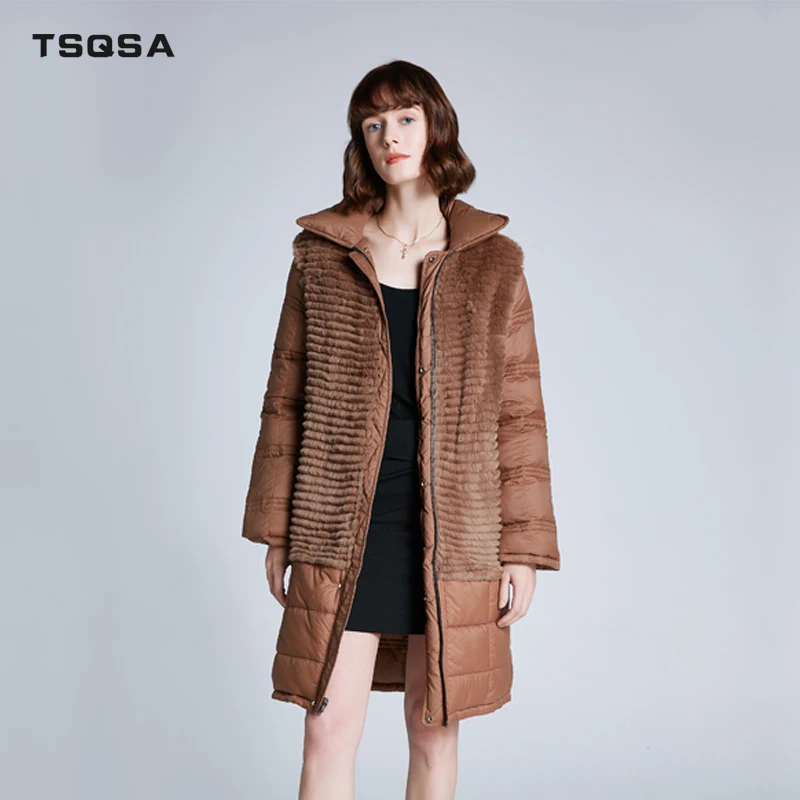 

TSQSA Woman Winter Coat 2019 Reversible Real Rex Rabbit Fur With Duck Down Coat Fashion Long Style Lady Coats TAC1901