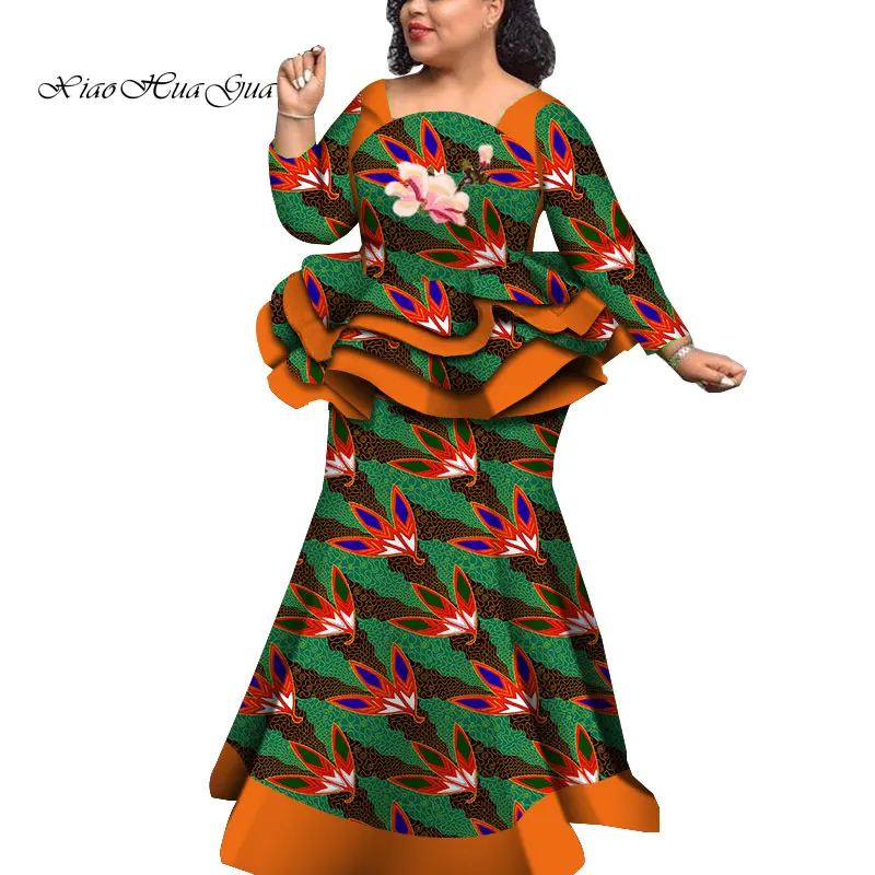 Африканский стиль, Базен Riche, платья для женщин, комплект из двух частей, женские топы с длинным рукавом и юбка-Русалка с принтом размера плюс, WY5992 - Цвет: 17