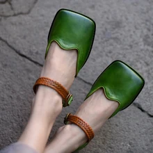 Г., весенне-летние женские туфли на плоской подошве с квадратным носком удобные кожаные Туфли Мэри Джейн ручной работы на низком каблуке сандалии из натуральной кожи