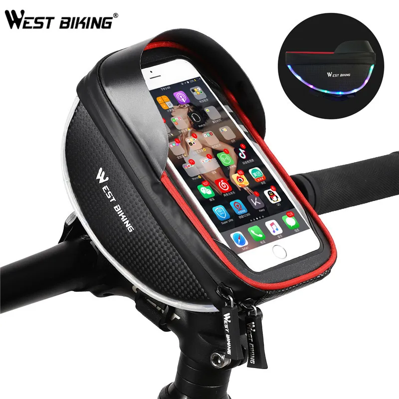 

WEST BIKING Touch Screen Bike Bags Waterproof Bike Handlebar Bag With Cool Colorful Light Lace Road Mountain Bicycle Front Bag