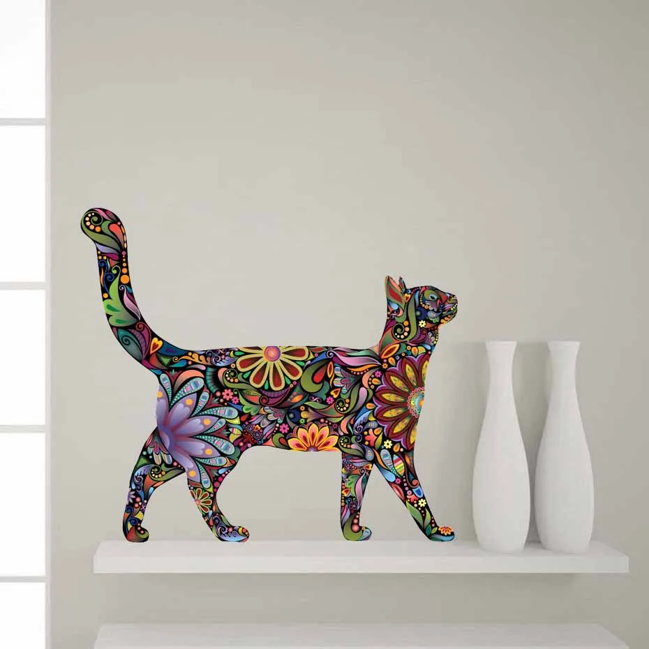 

Creative Ethnic Unique style Cat animal Wall Stickers Flower Pattern Cat Decals For Home Living Room Art Vinyls Wall Decor Mural