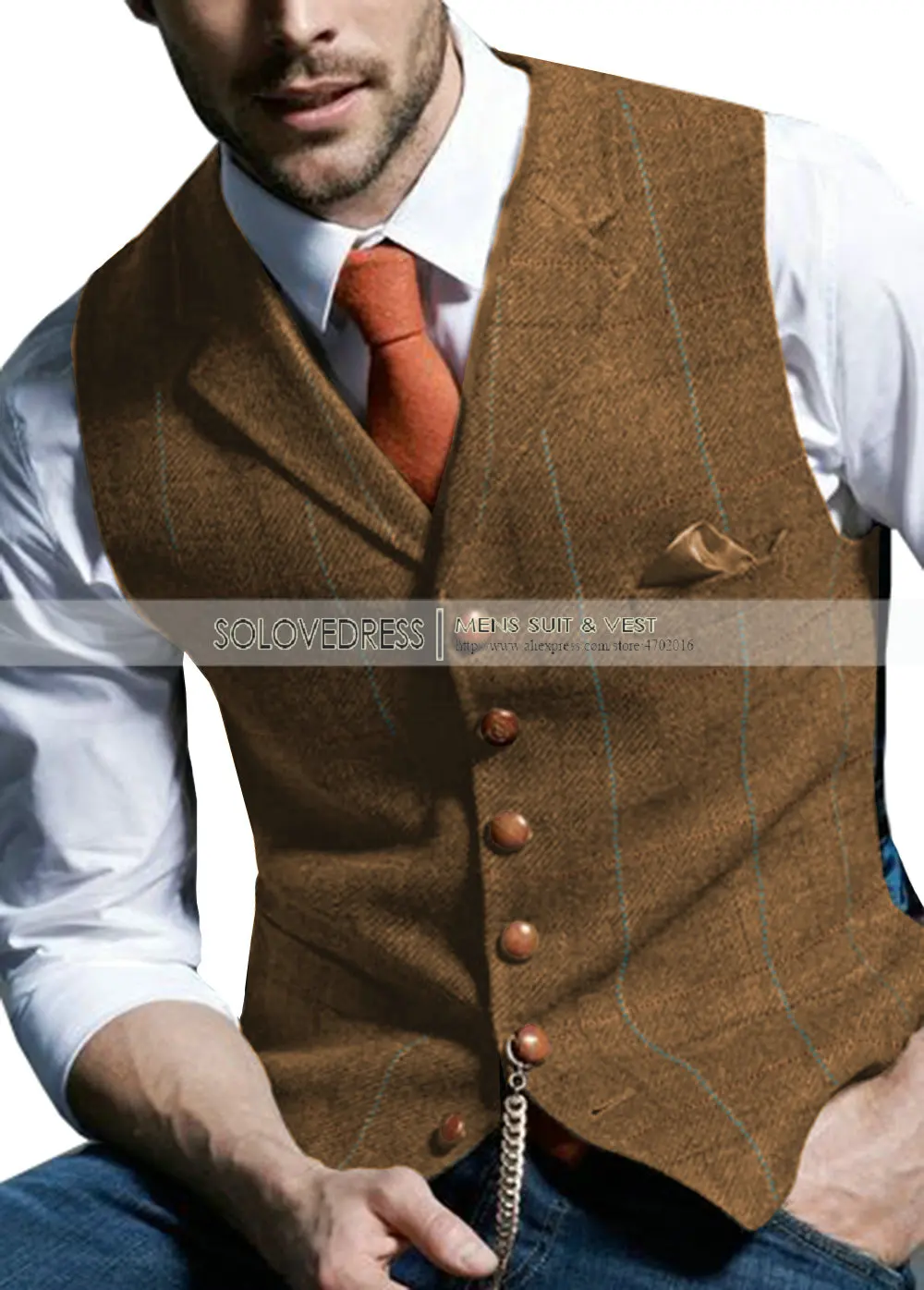Мужской костюм жилет зубчатый клетчатый шерстяной твидовый жилет в елочку повседневный деловой Groomman для свадьбы зеленый/черный/зеленый/серый - Цвет: brown