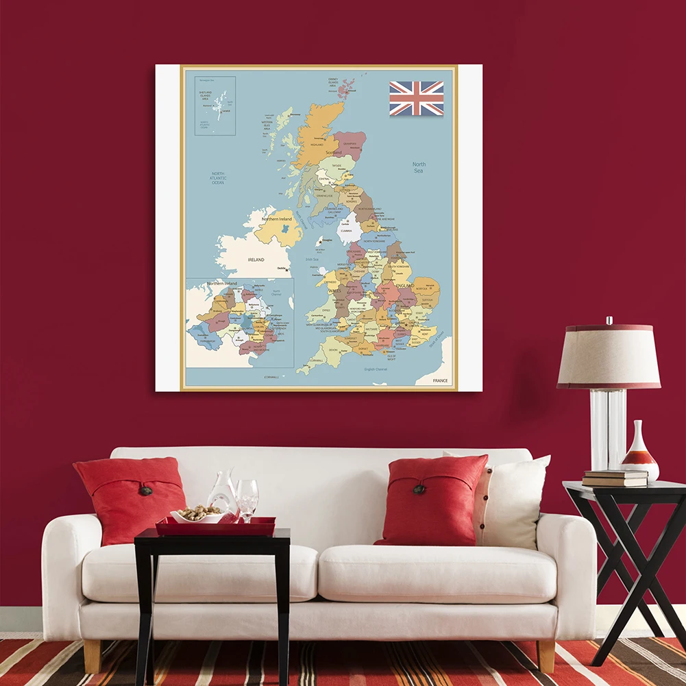 

150*150cm The UK Political Map Vintage Wall Art Poster Vinyl Canvas Painting Classroom Home Decor School Supplies