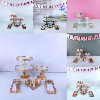 

5pc mirror gold Creative European style Crystal Pendant iron Cake stand Wedding props Cake pan Snack stand tray cake decorating
