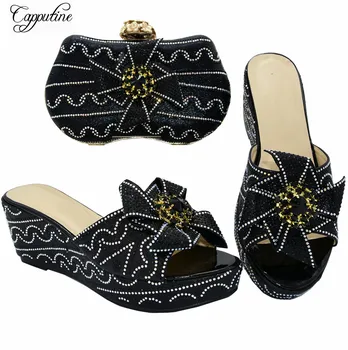 

Latest Black Shoes With Handbag African Women's Wedge Heel Slipper Shoes And Purse Bag Set With Stones 88-19 Heel Height 7.5CM