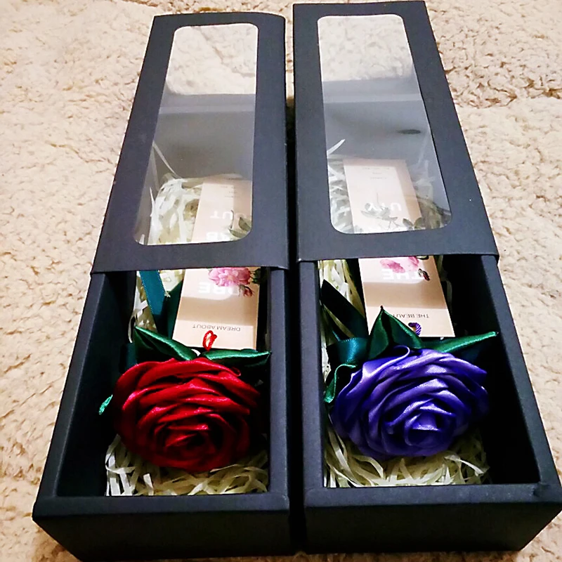 Brown/Red/Black Kraft Paper Drawer Type Gift Box With Clear PVC Window Wedding Cookie Candy Chocolate Cake Packaging Boxes