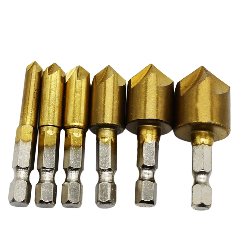 

6pcs Countersink Drill Wood Reverse Taper Hole 1/4" Hex Shank 90 Degree Wood Chamfering Cutter 6mm-19mm Screw Counterborer Bit
