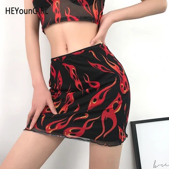 

New Sexy Fire Printed Sexy Mesh Skirt Black High Waist Skirts Womens Bodycon Pencil Skirt Ladies Streetwear Summer Party Club