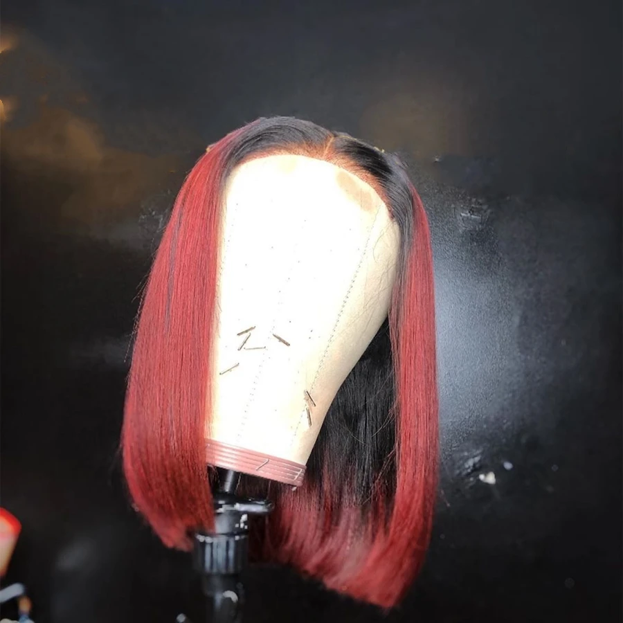 Ombre 13*4 Lace Front Wig Two Tone Remy Hair Red Short Bob Wigs with Baby Hair 