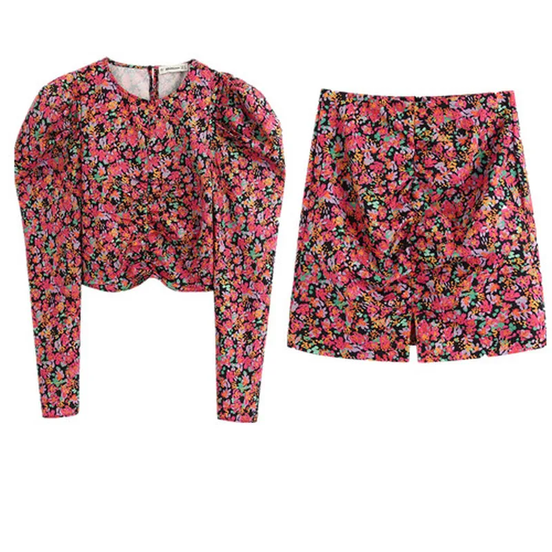 

Women's suit 2020 spring new style puff sleeve printed high-waisted shirt skirt two-piece temperament was thin women's clothing