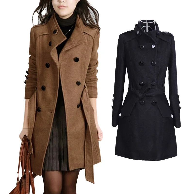 Зимнее пальто длинное осеннее шерстяное пальто с поясом женское приталенное двубортное пальто черная верхняя одежда для женщин Новинка
