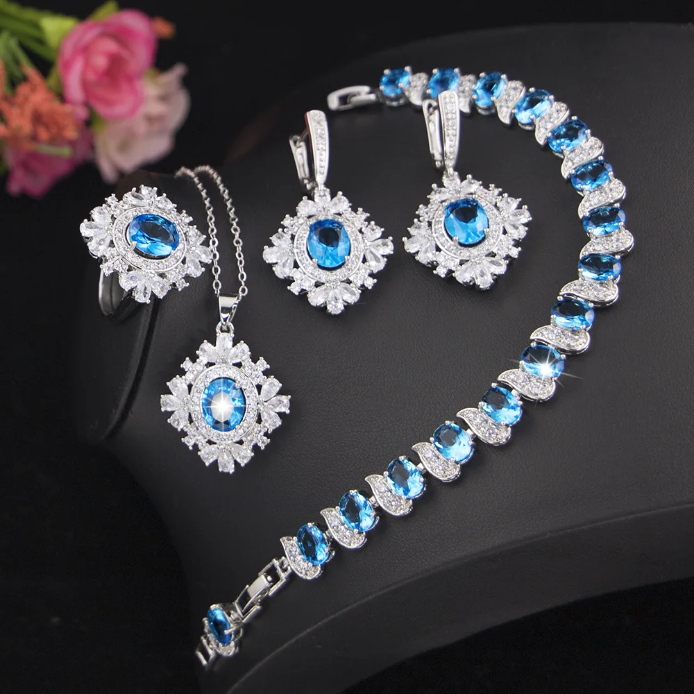 

Funmode New Arrival Blue Oval CZ Flower Shape Pendants Wedding Bridal Jewelry Sets For Women Party Accessories Wholesale FS108