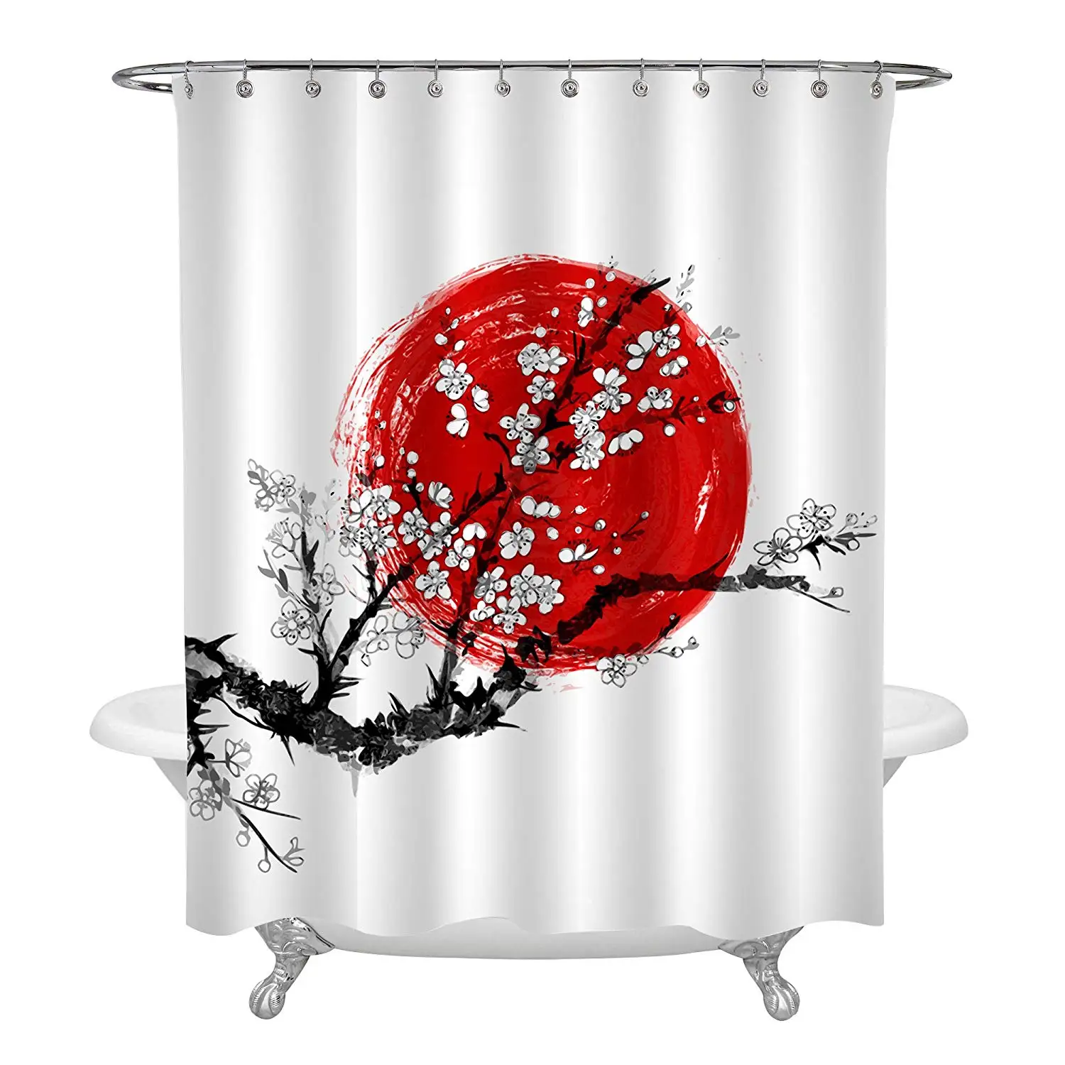 Classic Cherry Tree Art Decorative Shower Curtain Set with Hooks Sakura in Blossom and Red Sun | Дом и сад