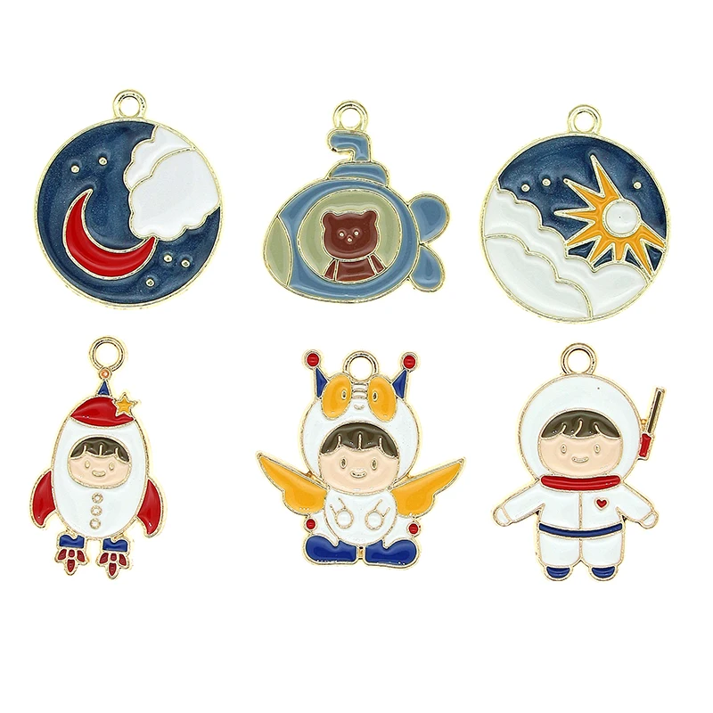 

10pcs Starry Sky Moon Sun Universe Astronaut Rocket Bear Submarine Cute Enamel Charms For Earrings Bracelet DIY Jewelry Making