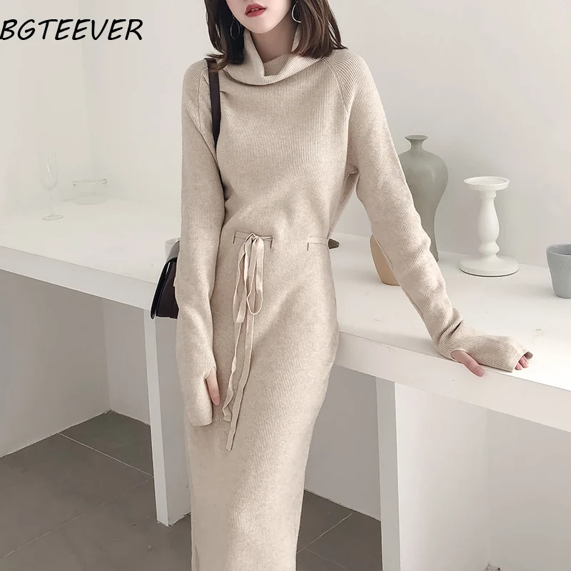 Winter Turtleneck Sweater Dress Women Lace Up Knitted Long Dress Female Knitwear Full Sleeve Soft Vestidos 2019 high quality Winter Turtleneck Sweater Dress Women Lace Up Knitted Long Dress Female Knitwear Full Sleeve Soft Vestidos 2019 high quality