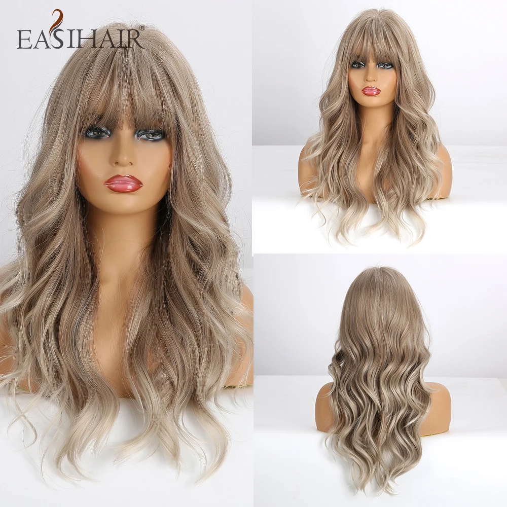 EASIHAIR-Peluca de cabello sintético para mujer afroamericana, cabellera artificial largo ondulado con flequillo, color gris, resistentes al calor, fiesta de cosplay, disponible en pelo natural