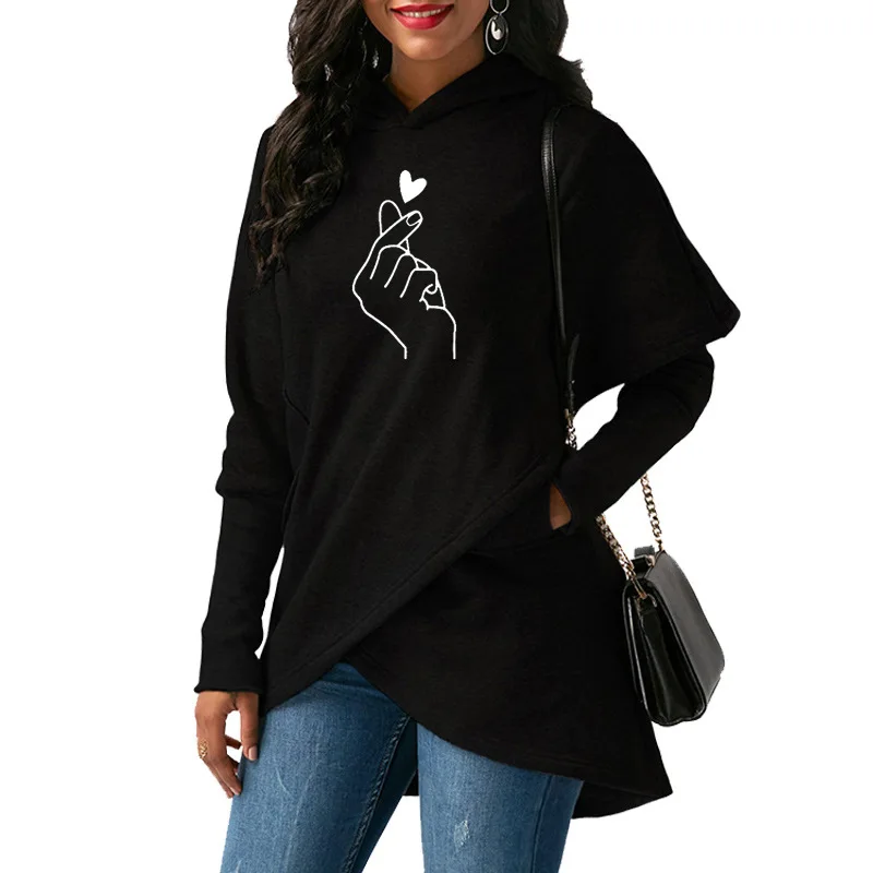 

Woman Top Sweatshirt Clothing Plus Size Long-sleeved Fleece Women's Winter Irregular Than Heart Print Hooded Sweatshirts TW36