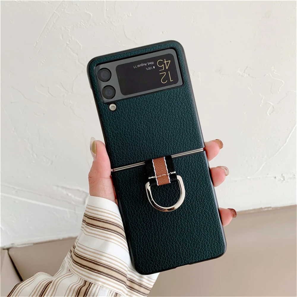 With Ring Luxury Ultra Slim Cover For Samsung Galaxy Z Flip 3 5G Case Hard Plastic Shockproof Phone Case Fashion Coque Fundas galaxy z flip3 5g case