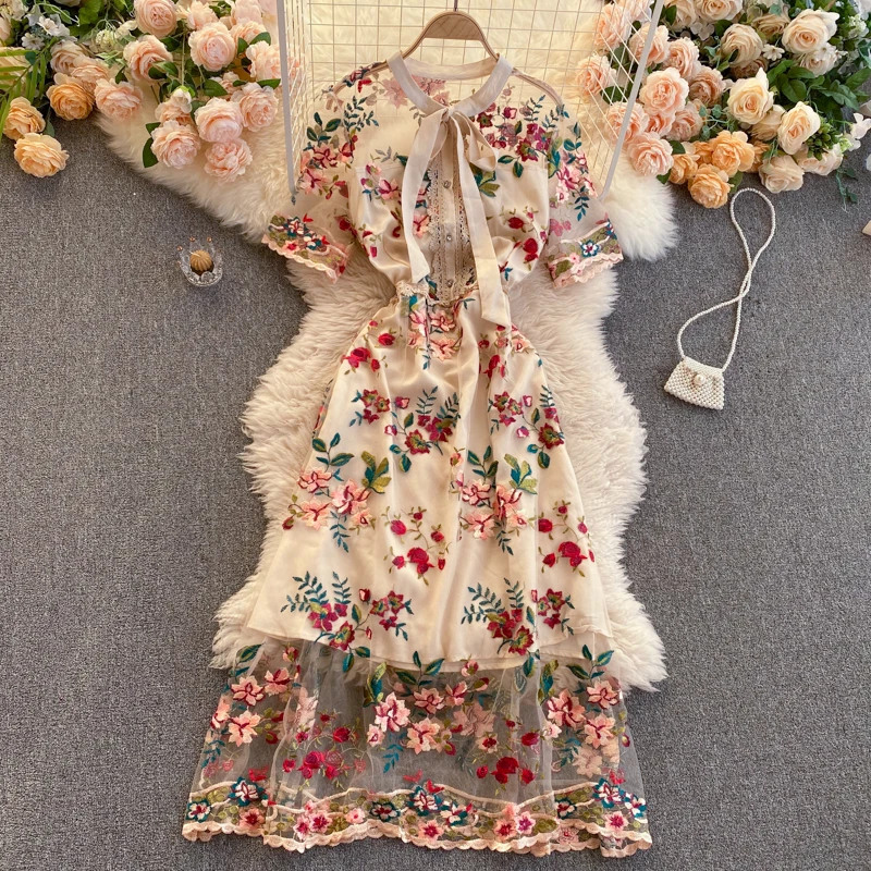  Chic Mesh Embroidery Flower Women Dress 