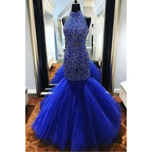Полный Стразы платья для выпускного вечера с высоким воротом Русалка Тюль Длина до пола Королевский Синий Вечерние платья под заказ сделано Vestidos CP252