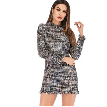 

New Winter Sexy Women DressesTurtleneck Long Sleeve Checks Warm Bodycon Party Plaid Elegant Mini Dress Ladies Knitted Dress