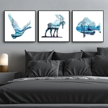 

Art Deco Painting, Abstract Oil Painting, Bird Goat Fish Portrait Painting, Gift Frame, Canvas Oil Painting, Ins Style.