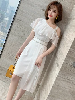 

Trendy Sexy off-Shoulder Diamond Set Strap Ruffled Waist Hugging Irregular Dress Women's Fashion Summer New Style