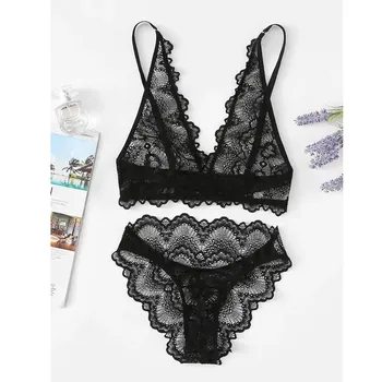 

New Style Women Sissly Plus Size Underwear Solid Lace Sexy Deep V-neck Seamless Lingerie Bra Set Babydoll Female Underwear Set