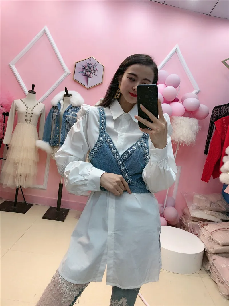 Женская Джинсовая блузка WHITNEY WANG с вышивкой бисером ручной работы весна 2020 |
