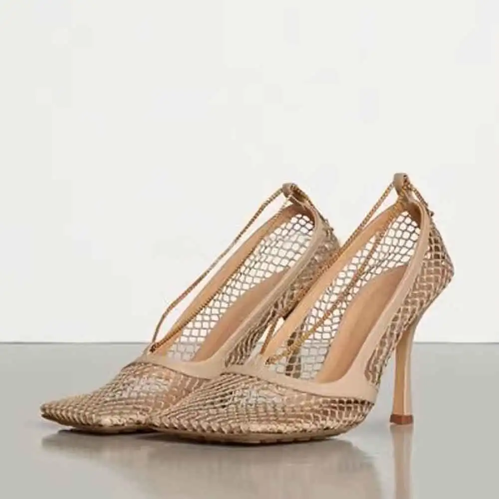 

2019 new fine with breathable mesh openwork high heel chain shallow mouth set square head single shoes women's shoes