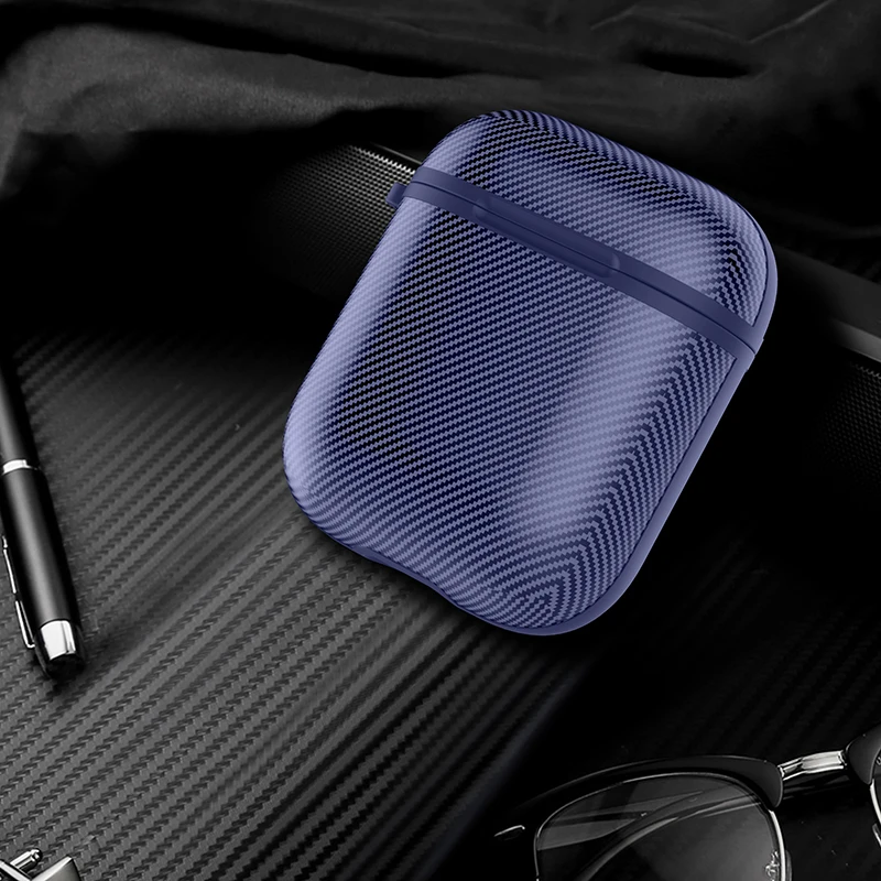 Blue Чехол для Apple Airpods, чехол из углеродного волокна, аксессуары для наушников, беспроводной Bluetooth чехол для iPhone Airpods, чехол с крючком - Цвет: Blue