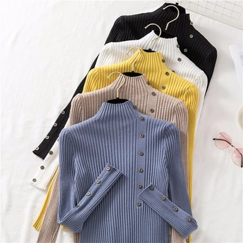 

Half Turtleneck sweater women Korean buttons knitted pullover basic solid slim sweaters 2019 autumn and winter new arrival