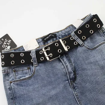 

2020 New Punk Harajuku Belt Wide Canvas Web Double Grommet Hole Buckle Belt Adjustable Waist Strap Belts for Women Men Jeans