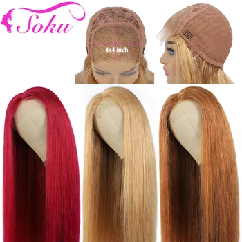 

4x4 Lace Closure Wig Brazilian Straight Pre Plucked Lace Front Human Hair Wigs For Black Women SOKU Brown Red Remy Lace Wig