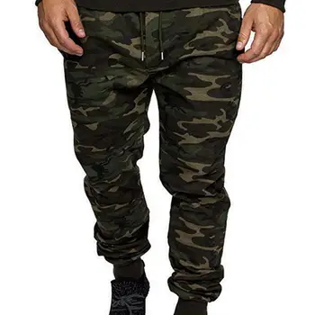 

Casual Men Camouflage Solid Color Elastic Waistband Camo Drawstring Waist Pockets Loose Sports Pants Waist Overalls